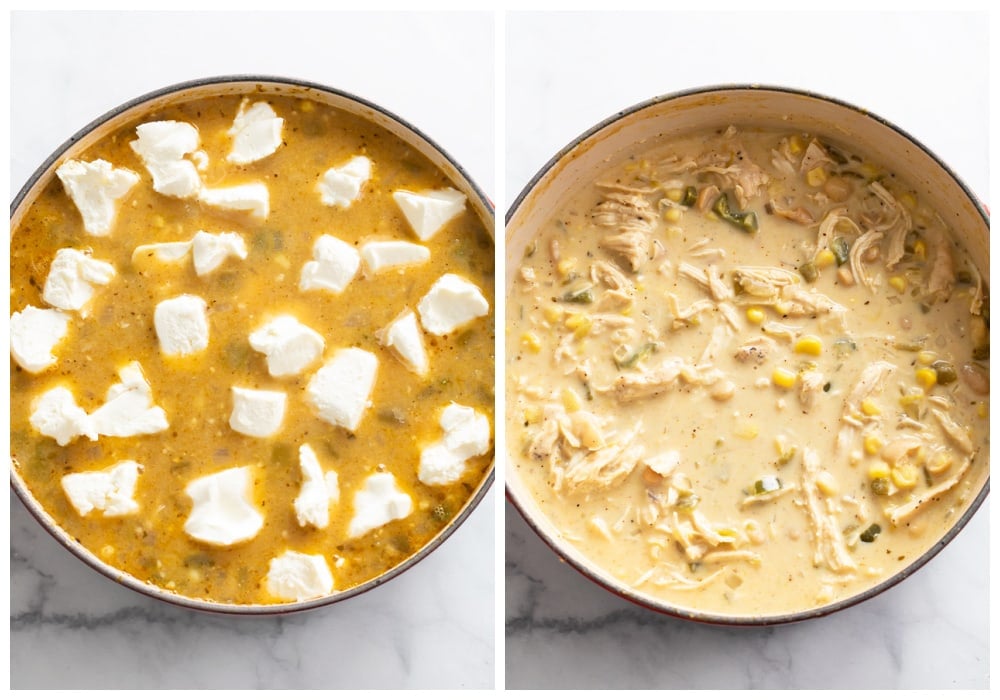 A soup pot with cream cheese being added and combined into White Chicken Chili.