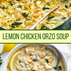 A collage of Lemon Chicken Orzo Soup in a soup pot and in a white soup bowl.