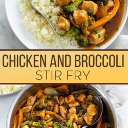 A collage of Chicken and Broccoli on a plate and in a skillet.