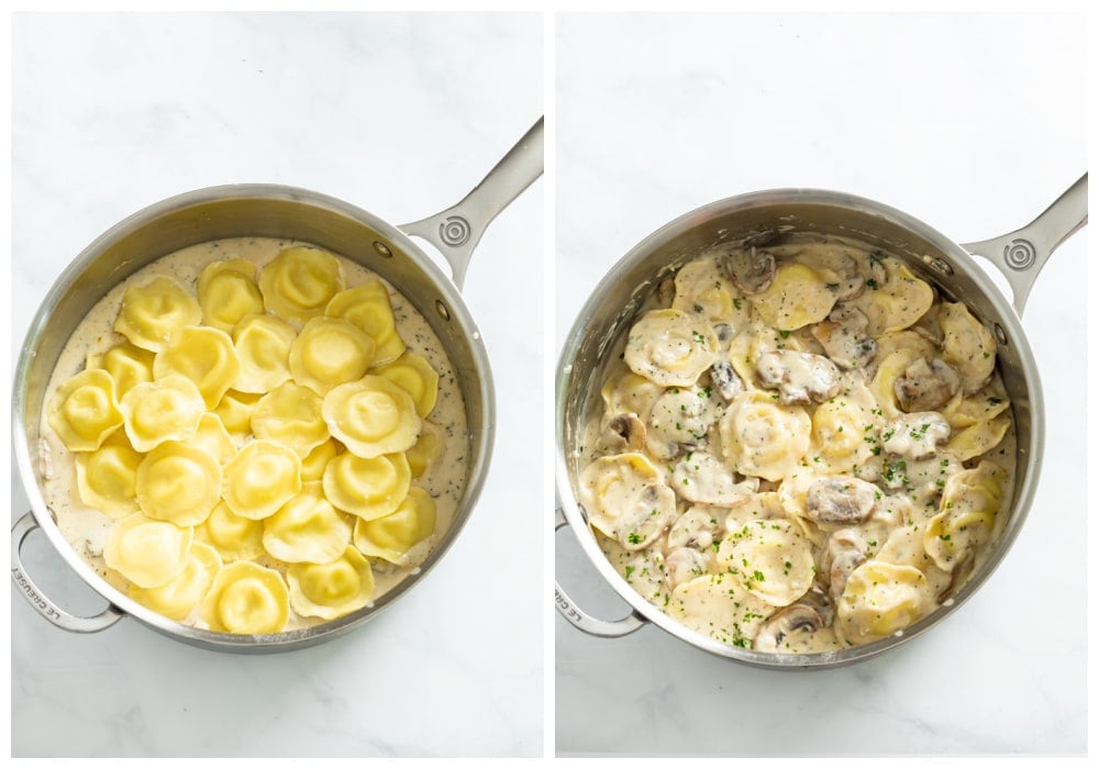 Adding ravioli to mushroom ravioli sauce and stirring to combine.