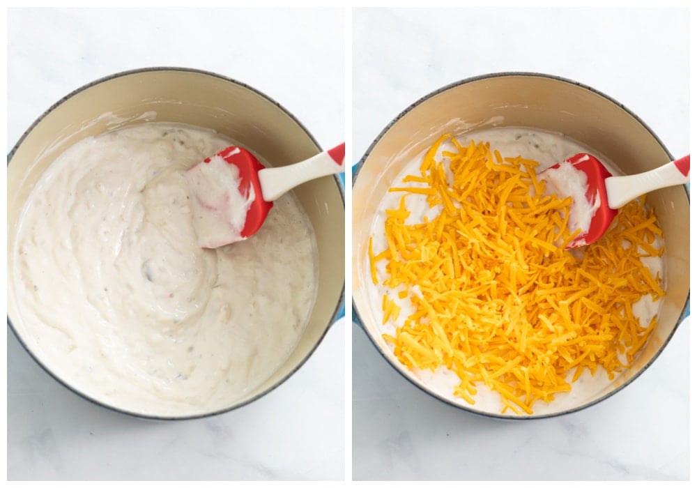 A pot filled with cream sauce and cheese for Vegetable Casserole.