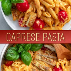 A skillet of Caprese Pasta on a plate and in a skillet.