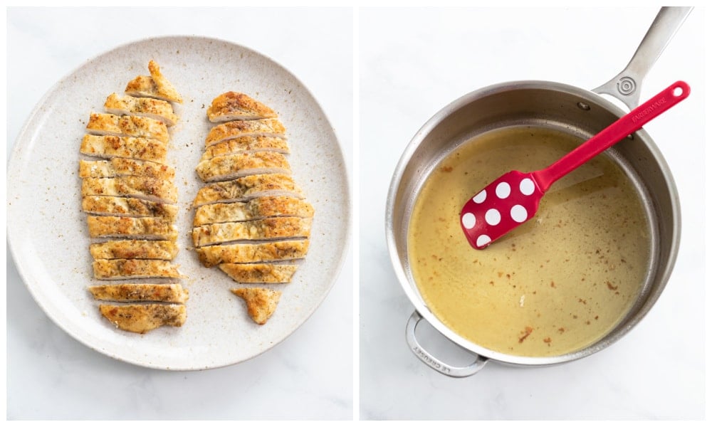 Slices of cooked chicken breast next to a skillet of white wine.