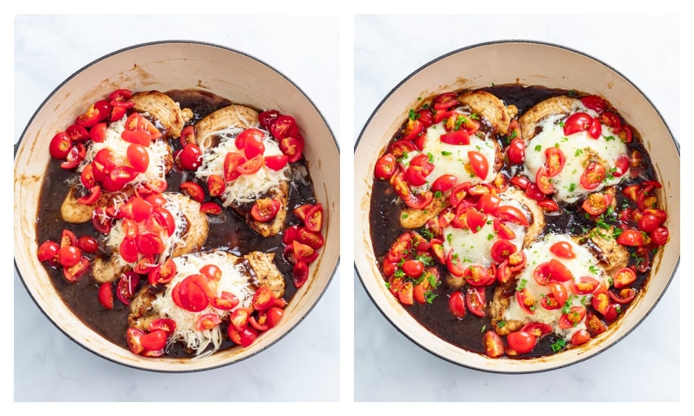 Bruschetta chicken with cheese and tomatoes before and after being baked.