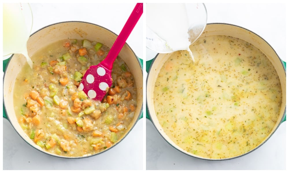 Adding chicken broth and cream to chicken potato soup.