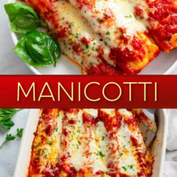 A collage of Manicotti on a white plate and in a casserole dish.