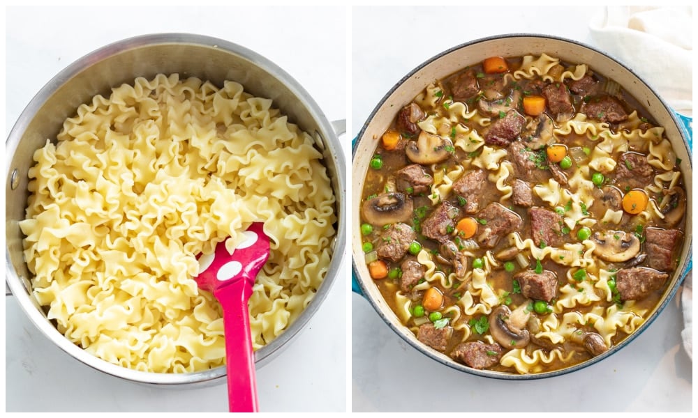 A pot of cooked egg noodles next to a soup pot of Beef Noodle Soup.