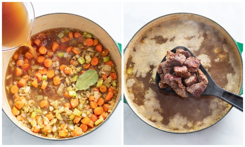 Making Beef Noodle Soup in a soup pot with vegetables and beef.