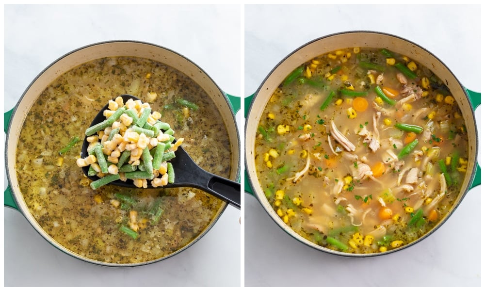 Adding frozen vegetables to a pot of chicken vegetable soup.