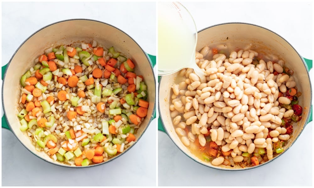 Onions, carrots, and celery in a pot next to a pot of white beans with broth being added.