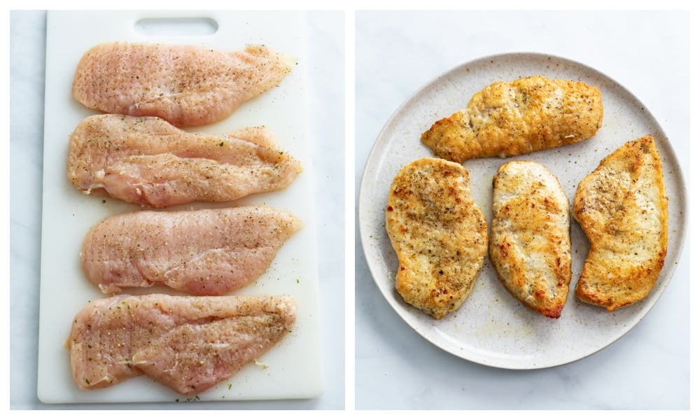 Chicken Breasts on a cutting board next to a plate of cooked chicken.