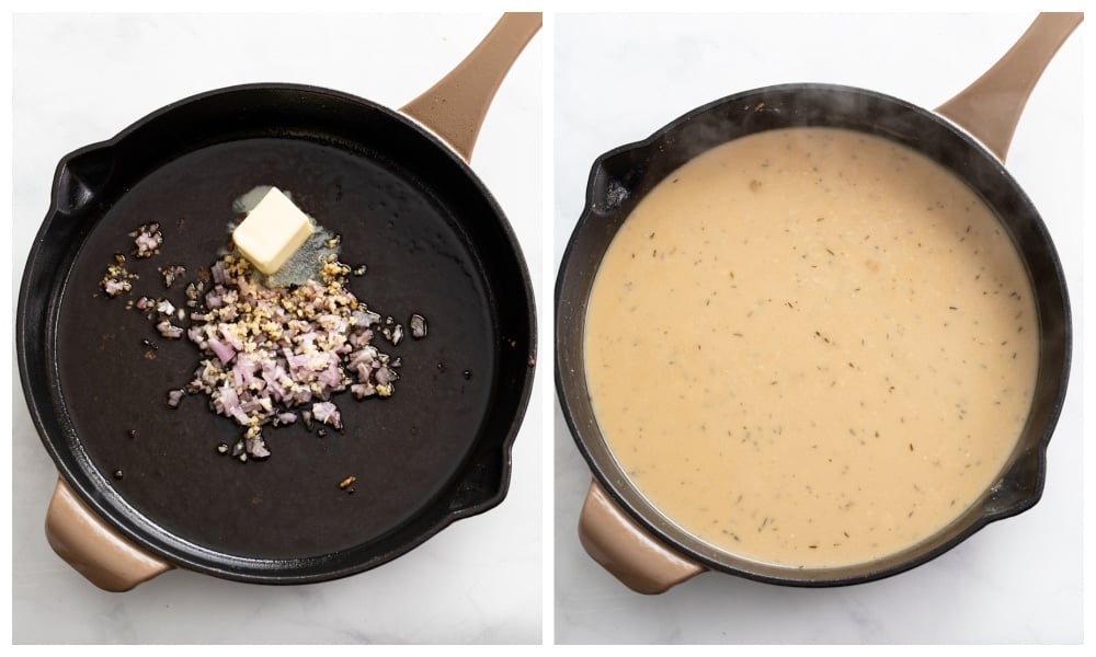 Garlic, shallots, and butter in a skillet next to a skillet of marsala sauce.