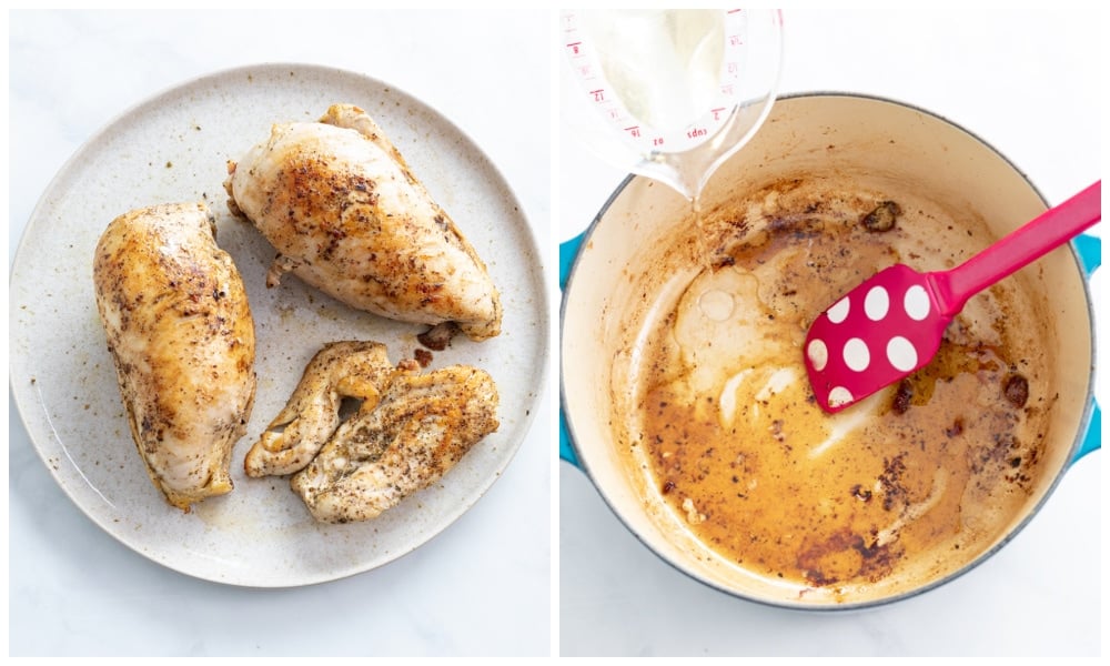 A plate with cooked chicken next to a skillet with wine being added to deglaze it.