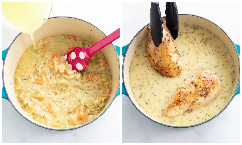 Adding chicken broth and chicken to a soup pot of chicken stew.