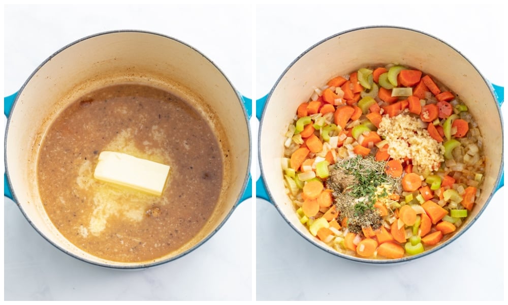 Adding butter, vegetables, garlic, and seasonings to a soup pot.