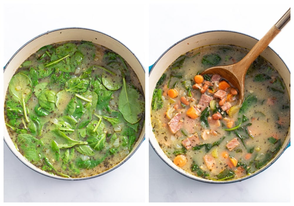 Adding spinach to a pot and stirring to combine for ham soup.