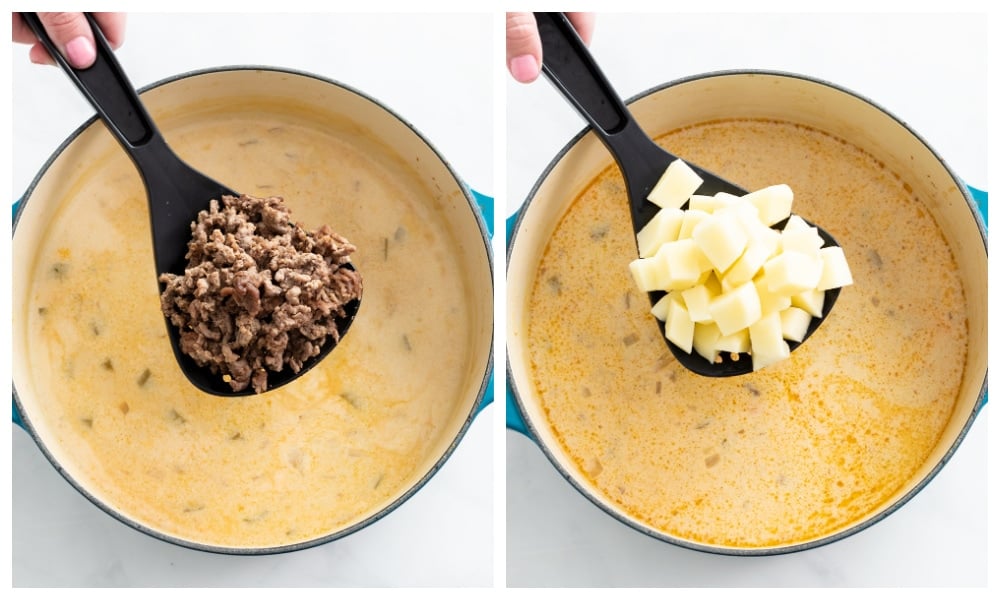 Adding ground beef and diced potatoes to a pot of Cheeseburger Soup.