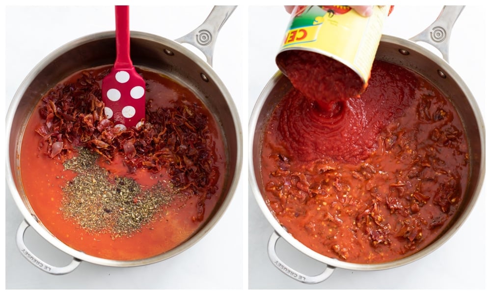Adding seasonings and crushed tomatoes to vodka sauce.