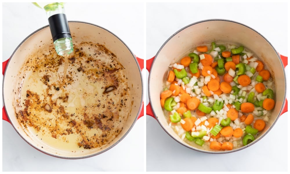 Deglazing a soup pot with wine and adding onions, carrots, and celery.