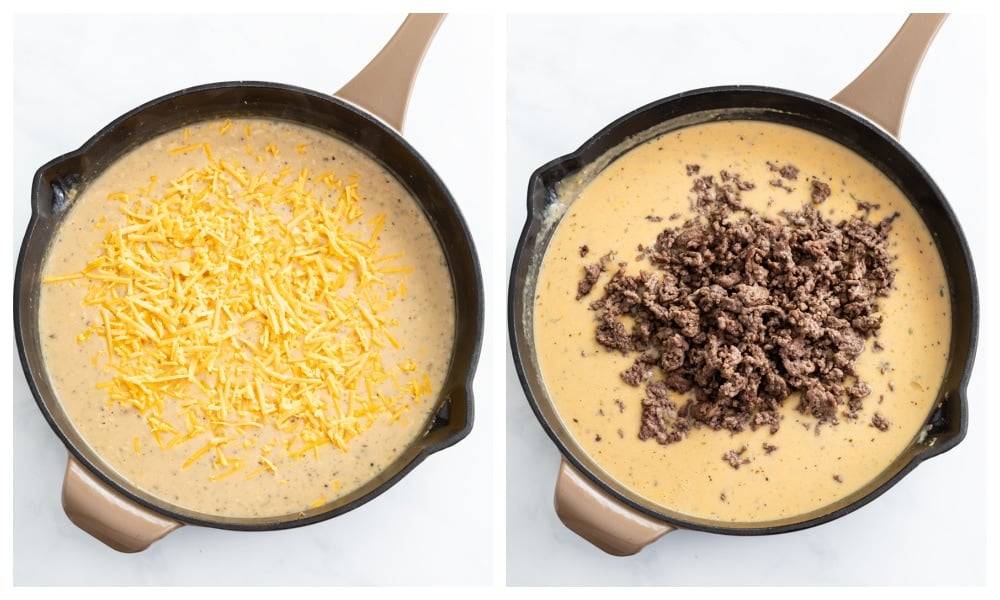 Adding shredded cheese and ground beef to a skillet of sauce to make Hamburger Helper.