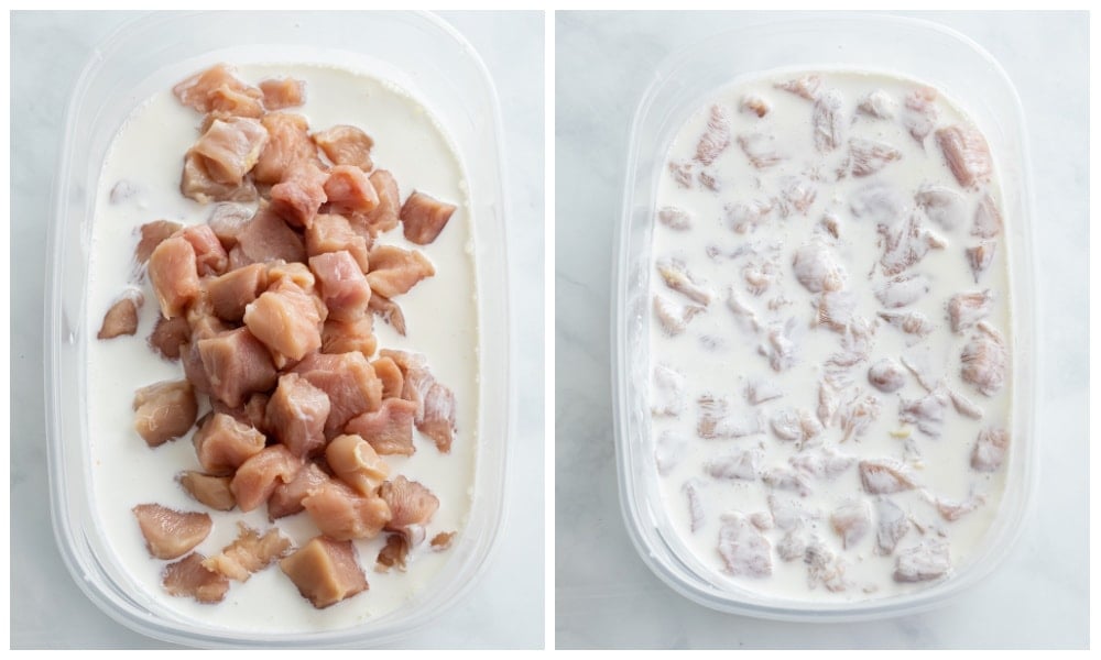 Diced chicken being added to a butteremilk marinade before being fried.