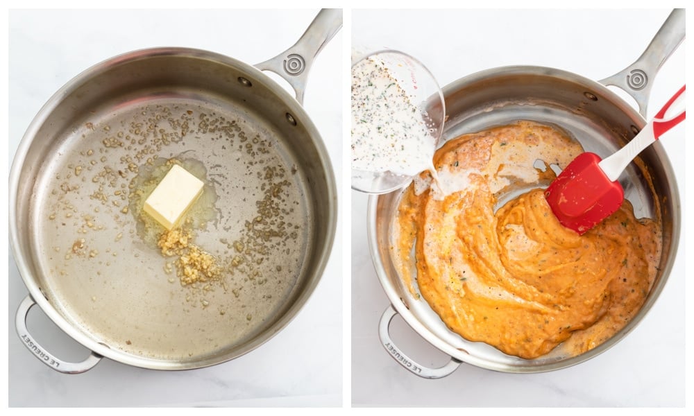Making a cream sauce with melted butter, garlic, and a cream sauce with seasonings.