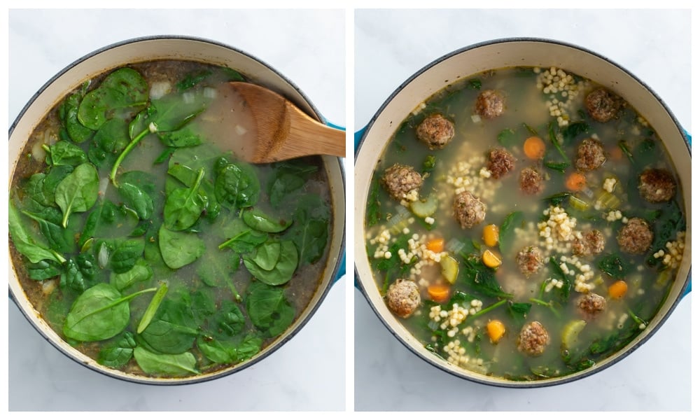 Adding spinach to a pot of Italian Wedding Soup.