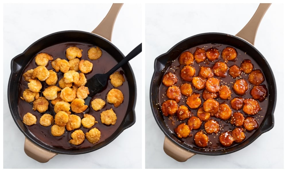 Adding fried shrimp to a skillet of firecracker sauce.