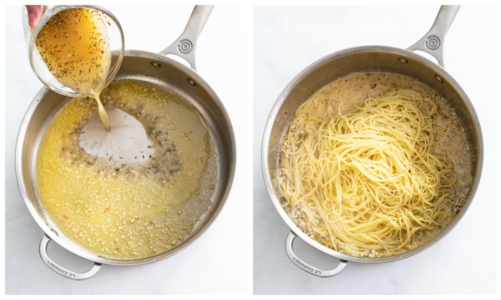 Adding chicken broth, seasonings, and angel hair to a skillet to make shrimp scampi.