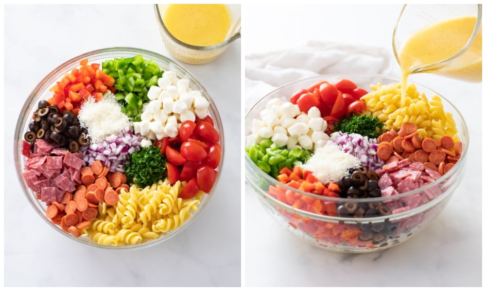 Ingredients for Italian Pasta Salad in a glass bowl with Italian Dressing being poured on top.