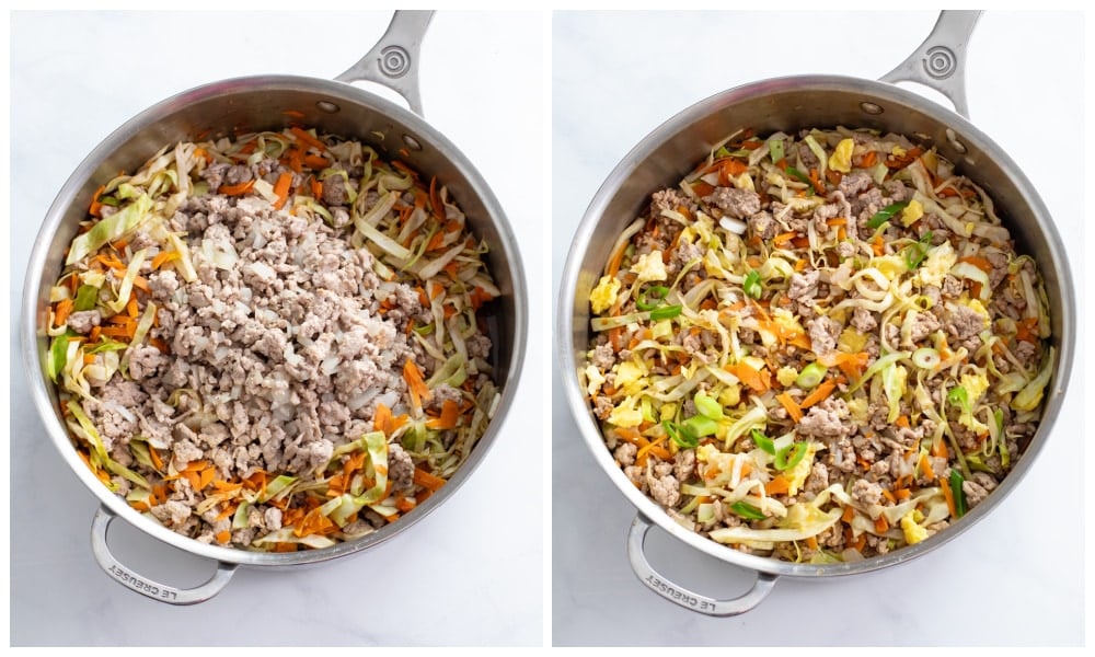 Adding ground pork, onions, and scrambled eggs to a skillet of Egg Roll in a Bowl.