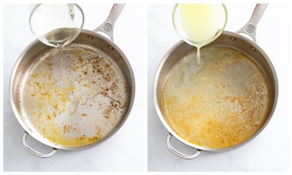 Adding white wine, chicken broth, and garlic to a skillet to make sauce for Garlic Butter Shrimp.