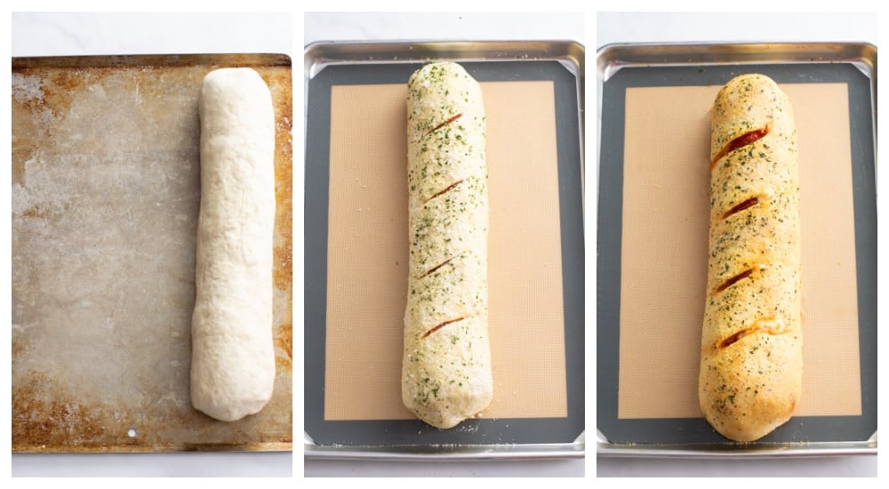 Rolling up Stromboli and topping with egg wash, Parmesan cheese, and parsley.
