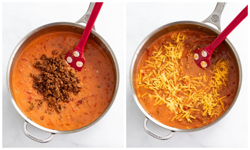 Adding Taco meat and shredded cheese to a skillet of Taco Sauce.