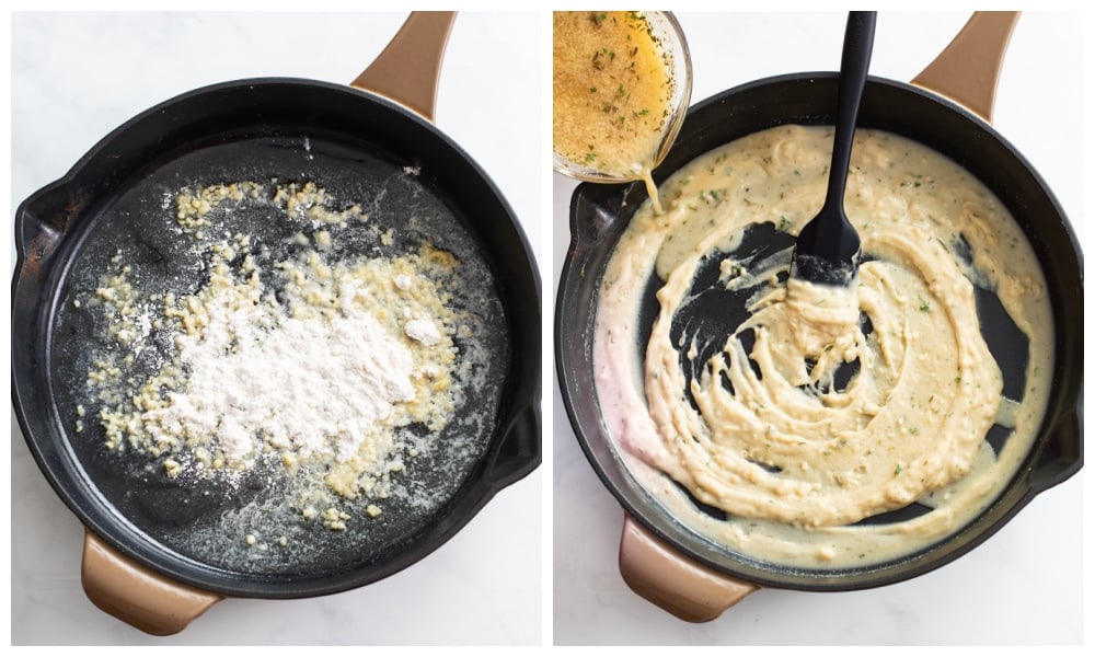 Making a roux and adding sauce to it in a skillet.
