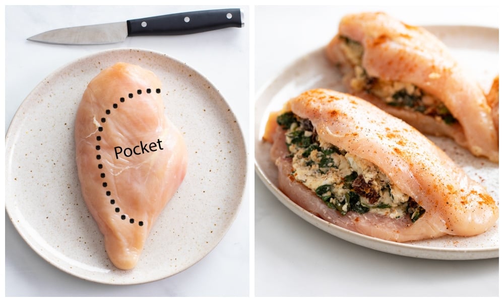 Chicken breasts before and after being stuffed with spinach, cheese, and sundried tomatoes.