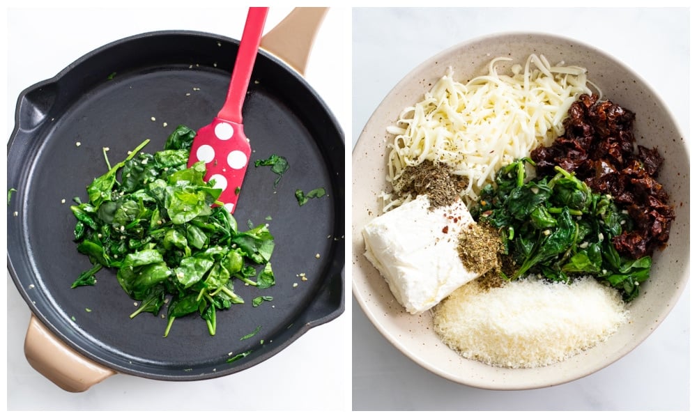 A skillet of sauteed spinach and garlic next to a bowl of stuffing ingredients for chicken breast.