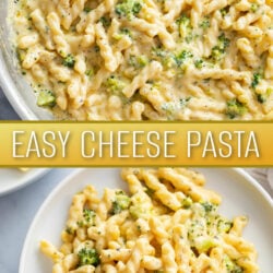 A collage of cheese pasta in a skillet and on a white plate.