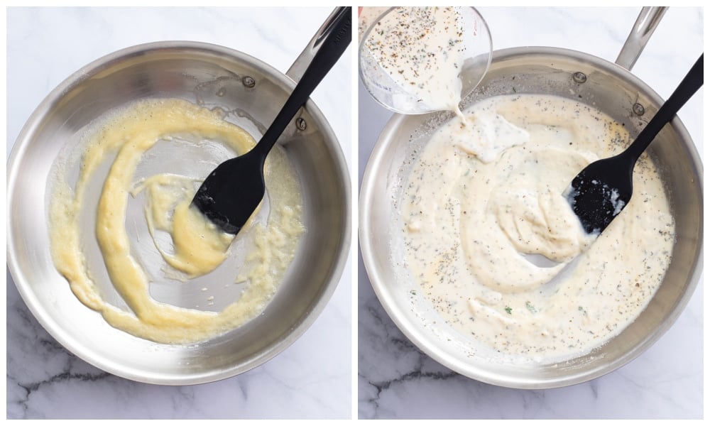 A skillet of flour and butter next to a skillet with sauce and seasonings being added.