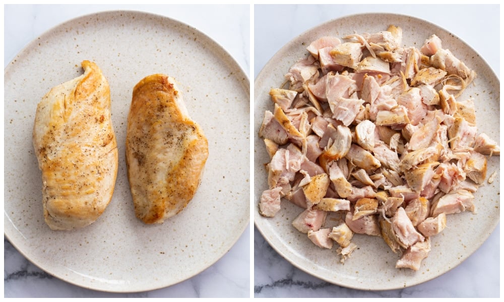 A plate of seared chicken breast next to a plate of diced chicken.