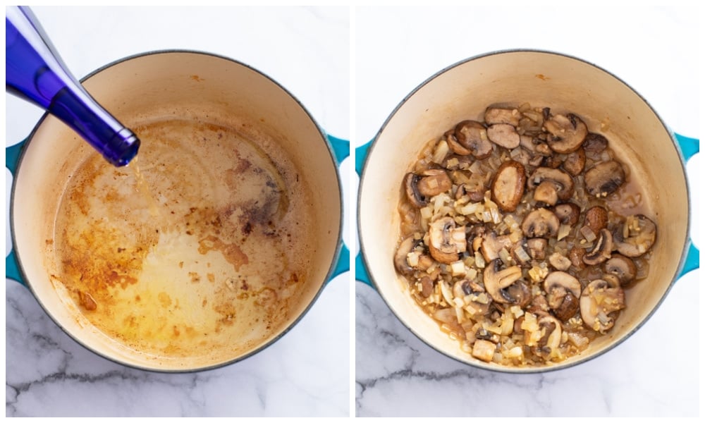 Deglazing a dutch oven with wine next to a pot of cooked onions and mushrooms.