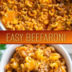 A collage of Beefaroni in a skillet and in a bowl.