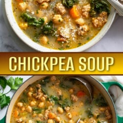 A collage of Chickpea Soup in a bowl and in a soup pot.