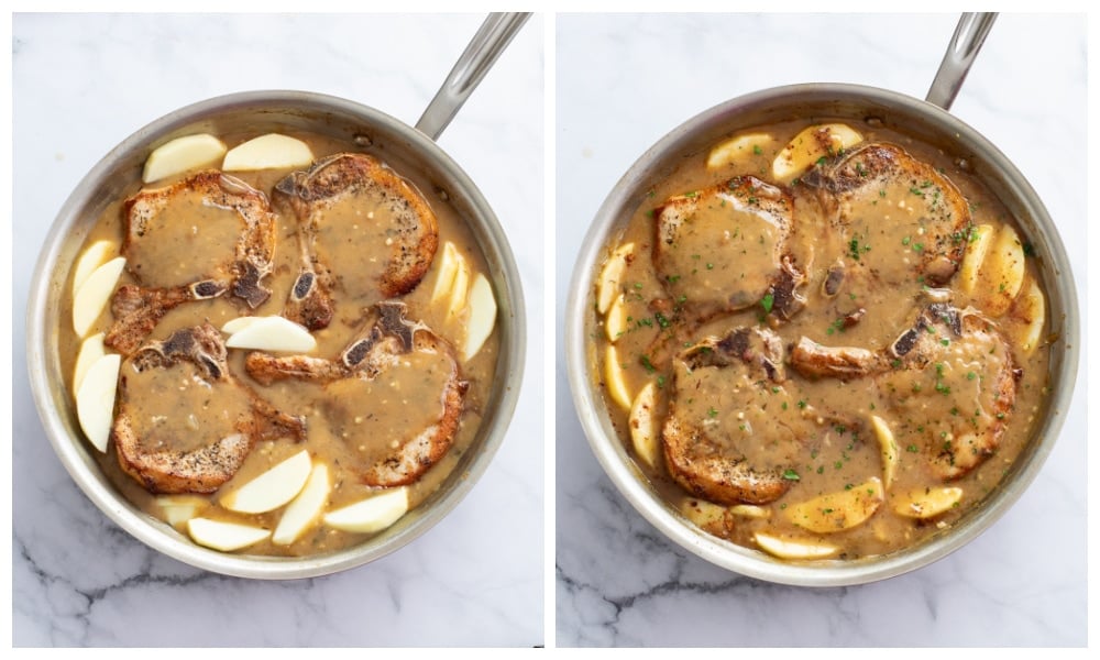 Apple Pork chops in a skillet with sauce before and after being simmered and concentrated.