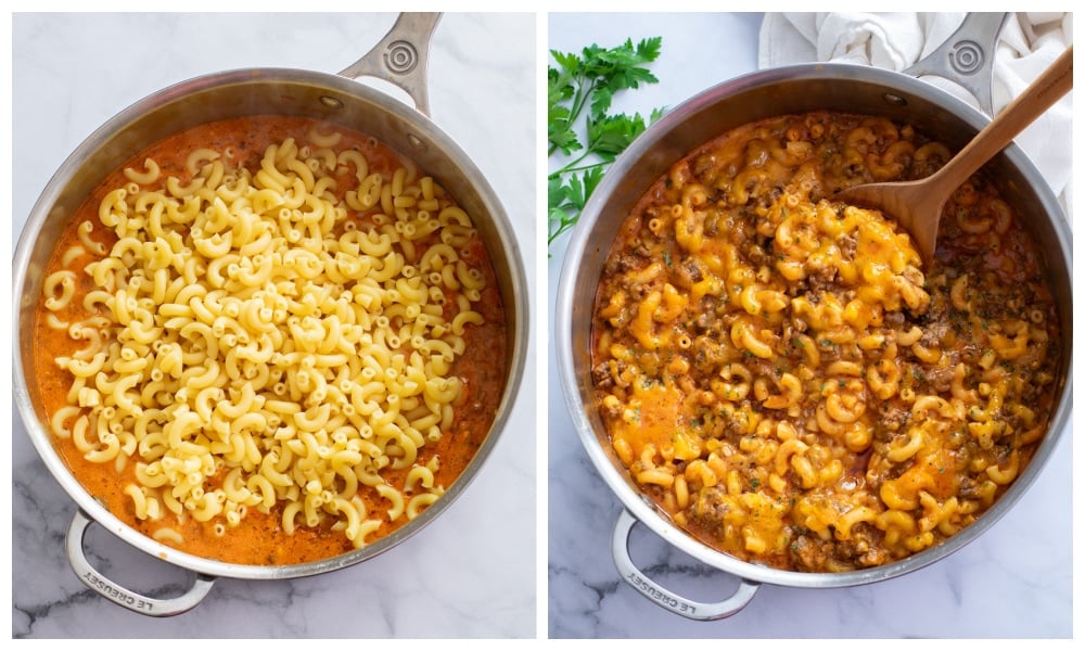 Adding Macaroni to a skillet full of sauce to make Beefaroni.