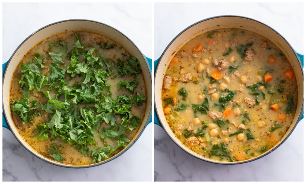 Adding kale to a pot of chickpea soup.
