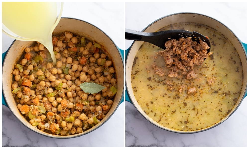 Adding broth and turkey sausage to a pot of chickpea soup.