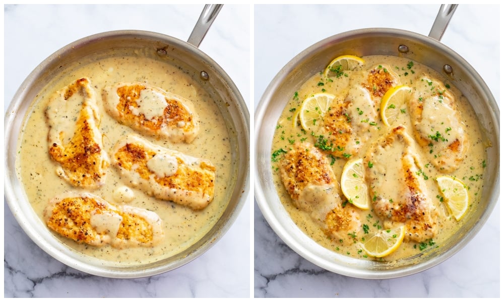 Adding chicken to lemon garlic sauce in a skillet with lemon wedges and parsley.