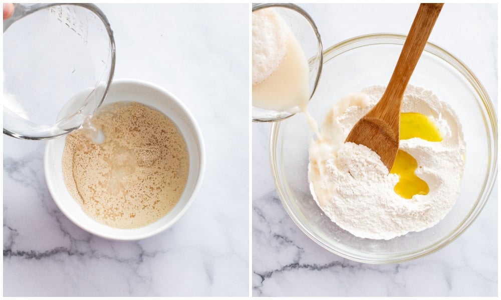 Making pizza dough with yeast and water in a bowl next to a bowl of flour, olive oil, and salt.