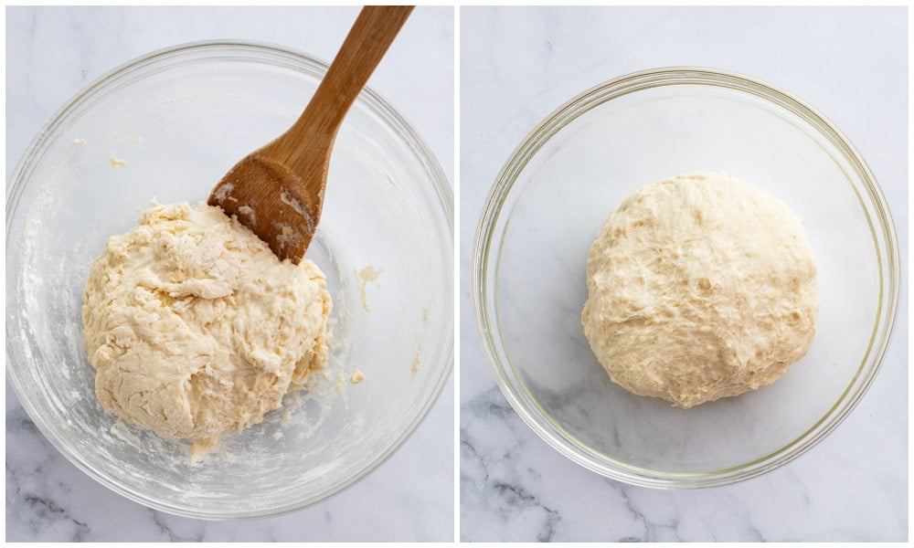 Mixing pizza dough in a bowl and forming it into a ball to rise.